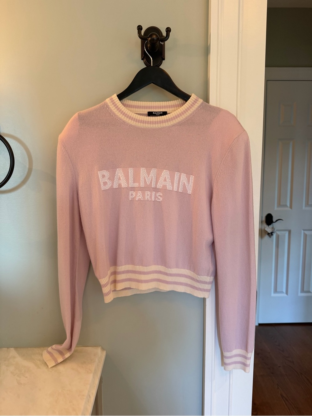 Balmain Pink Cropped Logo Knit Sweatshirt with Cream Trim
